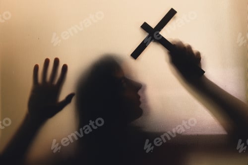 Preview: Shadowy figure with cross behind glass - horror background