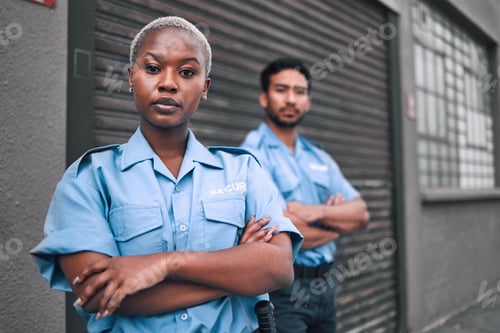 Preview: Portrait of black woman, security guard or arms crossed of safety officer, protection service or te