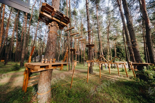 Preview: Elements of a rope town in the park. An empty rope town in the forest