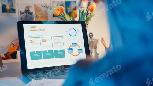 Preview: Close-up young asia lady freelance focus on laptop write worksheet finance graph at house.