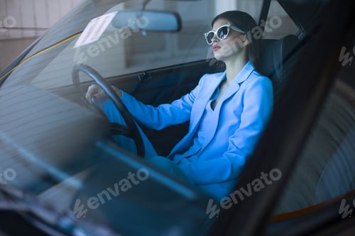Preview: Fashion lady driving a car in a blue suit. Stylish girl sitting in the car holding steering wheel