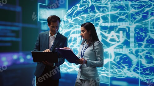 Preview: Computer scientists collaborating on developing AI system in high tech workspace