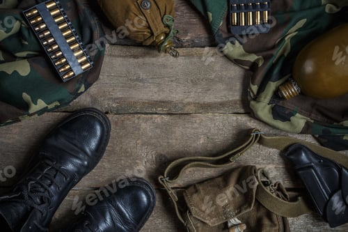 Preview: Army military uniform, weapon, holster, pistol, flask, boots on wooden background. Flat lay top view