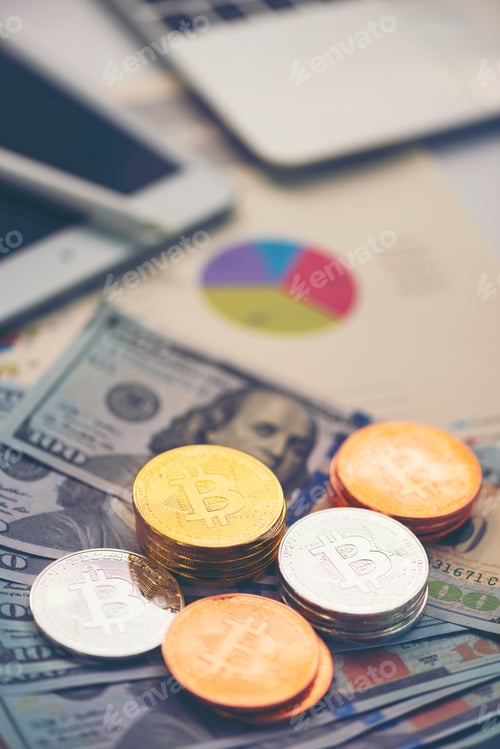 Preview: Bitcoin Currency with Computer and Dollar Bills