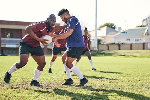 Preview: Rugby, sports and coaching with a team on a field together for a game or match in preparation of a