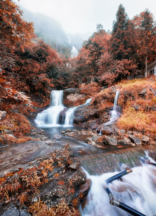 Preview: Silver waterfall or Thac Bac on fog in autumn