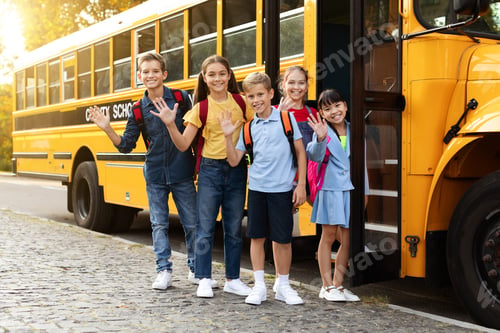 Preview: Group Of Happy Children Standing Near School Bus And Waving At Camera