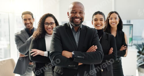 Preview: Business, happy people with arms crossed and diversity, face and team with financial advisor group