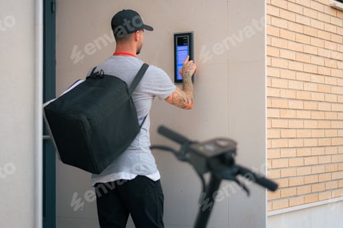 Preview: Courier man with a backpack ringing the doorbell of a home