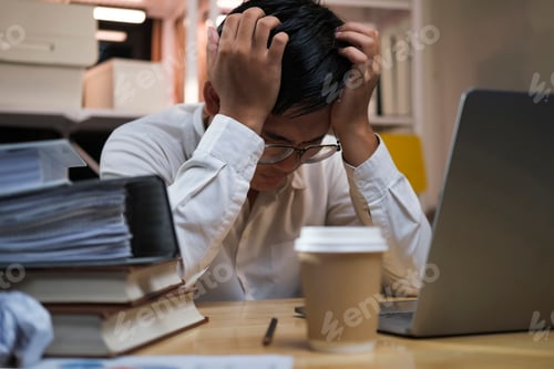 Preview: Young tired staff businessman using desktop computer having overwork project overnight in office.