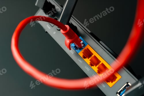 Preview: Modern router with cables plugged in close up