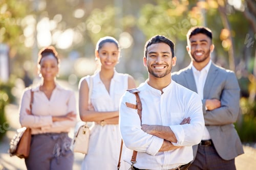 Preview: Shot of a diverse group of businesspeople standing together in the city after a day in the office