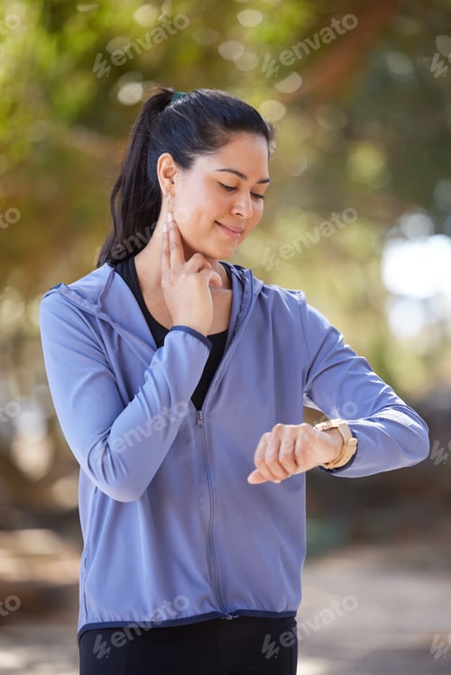 Preview: Smartwatch, fitness and woman pulse after running in the park, on a break to check heart rate on. H