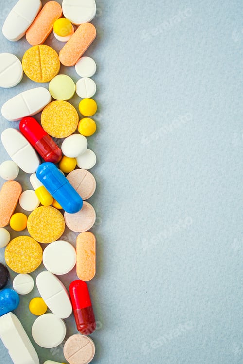 Preview: Pills, Different Pills And Drugs To Treat And Increase Immunity, Medical Preparations. Background