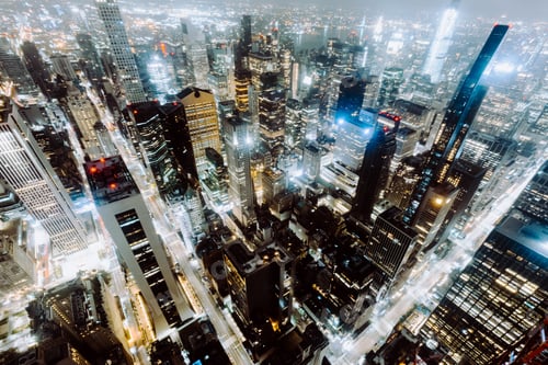 Preview: Aerial shot of the skyscrapers and buildings of New York City, United States captured at night