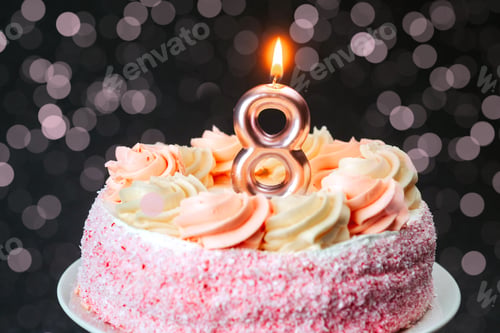 Preview: Cake celebration featuring a lit candle with the number eight on top