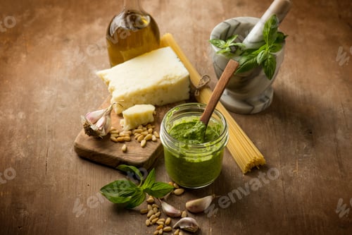 Preview: traditional italian pesto with raw spaghetti and ingredients