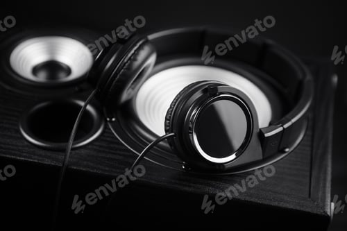 Preview: Photo of black headphones on music audio speaker. Close-up.