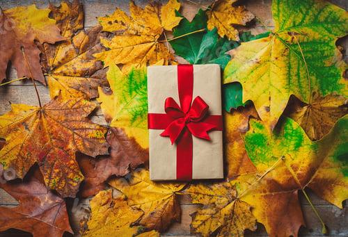 Preview: Gift box on maple leaves on wooden background
