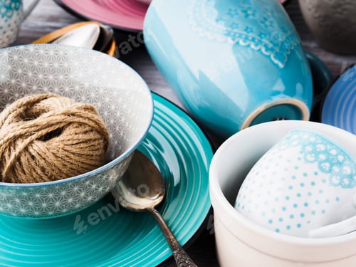 Preview: Ceramic crockery on wooden background
