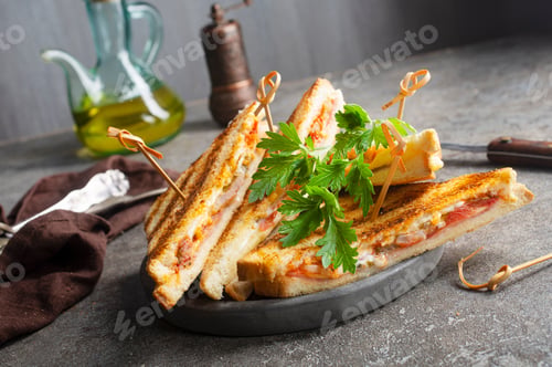 Preview: Toast with ham and cheese served on sandwich plate on a stone table
