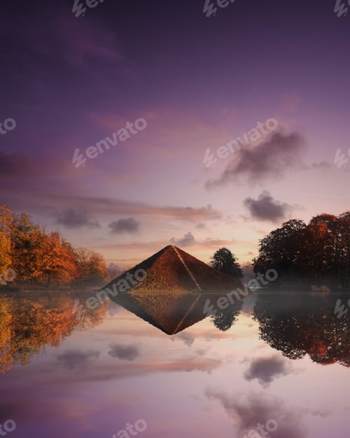 Preview: Vertical shot of a pyramid reflected in a pond in the Branitz Park, Cottbus, Germany
