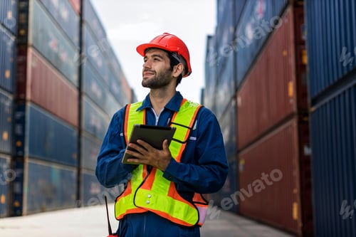 Preview: Foreman or worker work at Container cargo site check up goods in container