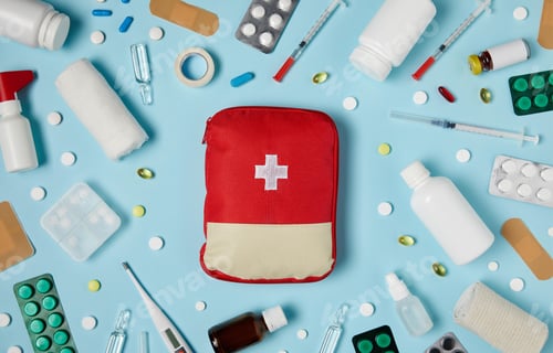 Preview: First aid kit concept, medicine equipment set in a suitcase box
