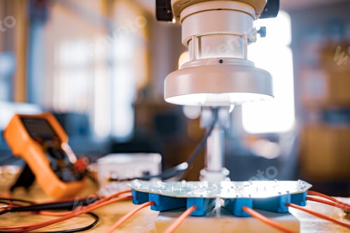 Preview: Modern microscope, connectors component and large green microcircuit in workshop laboratory