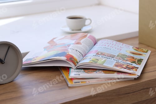 Preview: Lifestyle magazines on wooden table indoors, closeup
