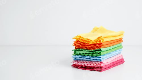 Preview: Household cleaning and hygiene concept. Colorful cleaning cloths neatly arranged