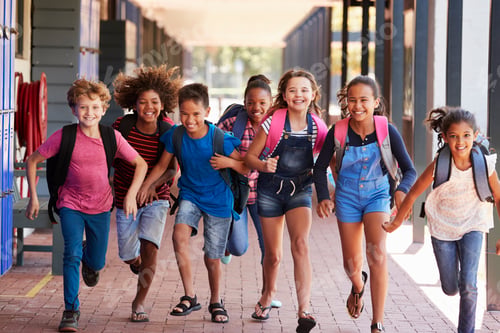 Preview: School kids running in elementary school hallway, front view