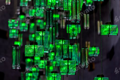 Preview: Colorful glass decoration, many lamps hanging from the ceiling. Modern hotel decoration in Dubai.
