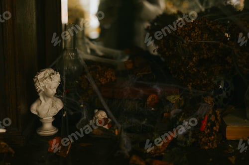 Preview: Halloween party decor in gloomy dark colors with the table is set