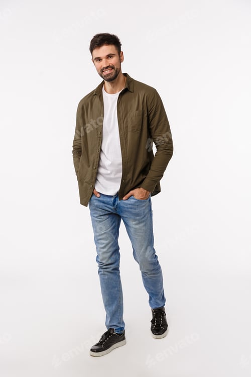 Preview: Full-length vertical shot good-looking macho stylish modern guy, unshaven, wear jeans and coat