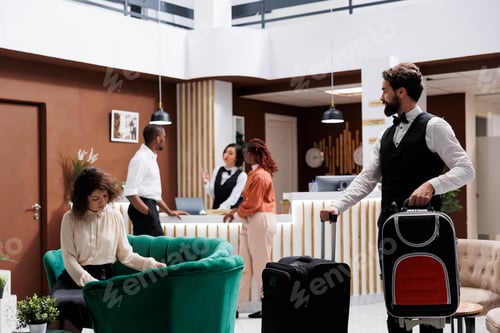 Preview: Hotel porter moving suitcase for people