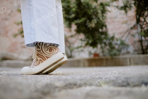 Preview: Person Wearing Patterned Shoes Walking on Outdoor Path
