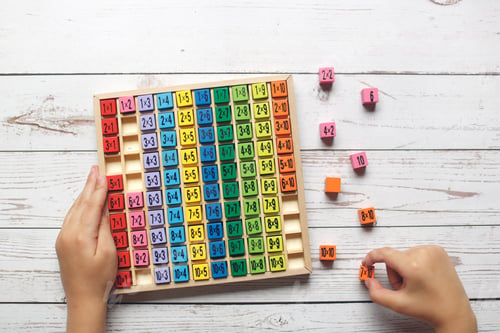 Preview: children's hands and a wooden toy multiplication table, solution of multiplication examples