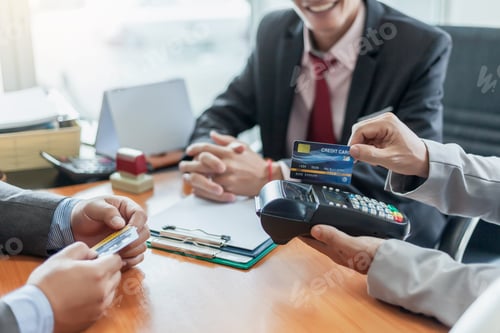 Preview: Groups businessman and credit cards. Credit cards approve. Payment via credit card reader machine.