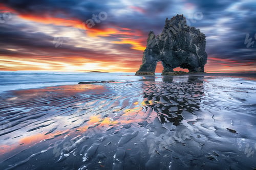 Preview: Dramatic sunset view of fHvitserkur unique basalt rock in Iceland