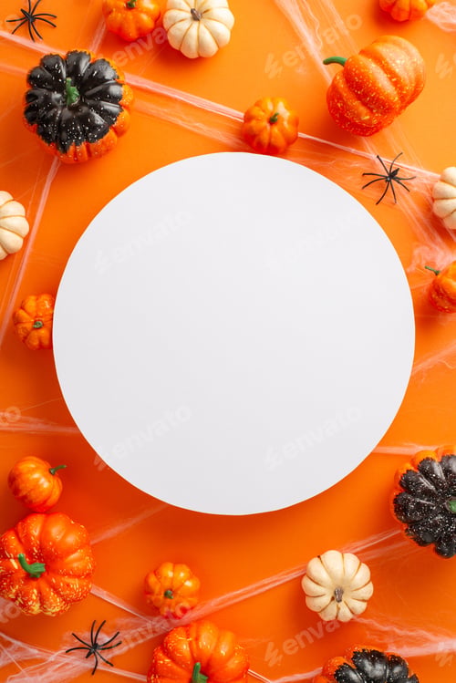 Preview: Captivating Halloween party concept. Top-down vertical photo showcasing pumpkins