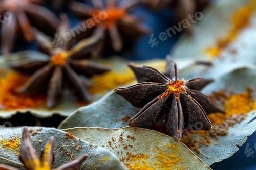 Preview: Star anise seed, bay leaves and colorful spices, closeup