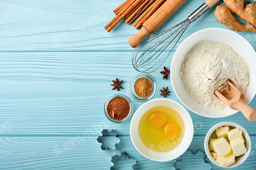 Preview: Baking background with ingredients for making gingerbread flour, eggs, kitchen tools, utensils and c