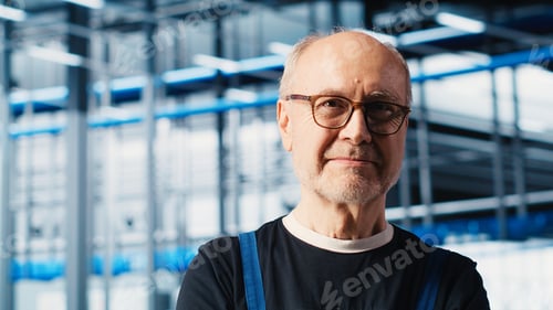Preview: Happy industry 4.0 solar panels plant elderly supervisor overseeing facility