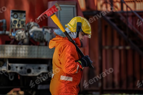 Preview: Fireman wearing fire protection suite and oxygen tank exercise hold axe thumb up stand portrait