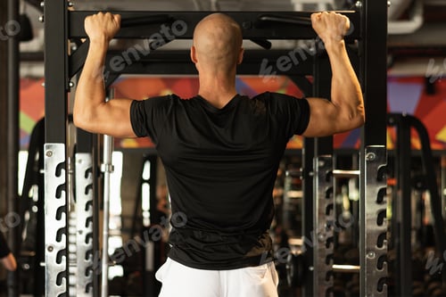 Preview: Sports man make pull ups on horizontal bar at gym. Workout.
