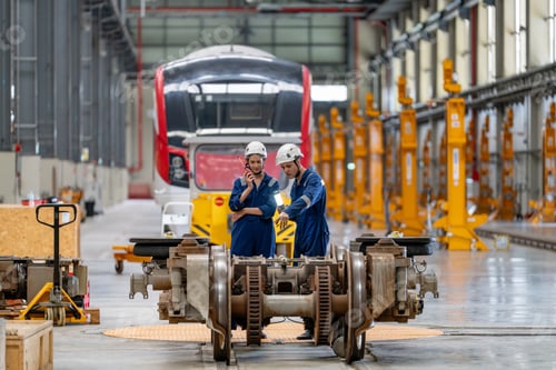 Preview: Engineers inspecting locomotive in railway engineering facility