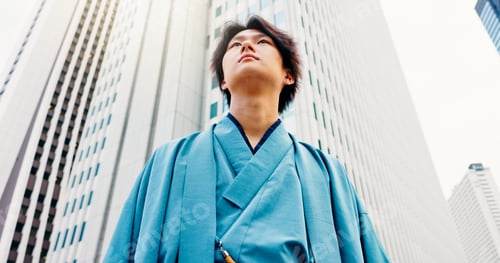 Preview: Man, thinking and city travel with traditional clothes, outfit and yukata for heritage. Japanese gu