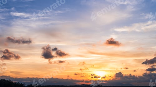 Preview: Sunset sky clouds in the evening with orange sunlight over hill, Landscape horizon dusk sky summer