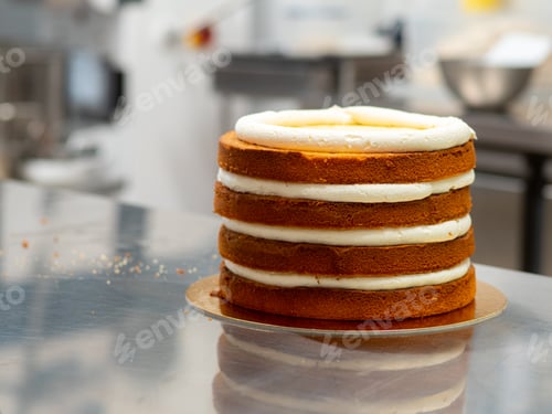 Preview: Chef cake designer preparing layered creamy cake